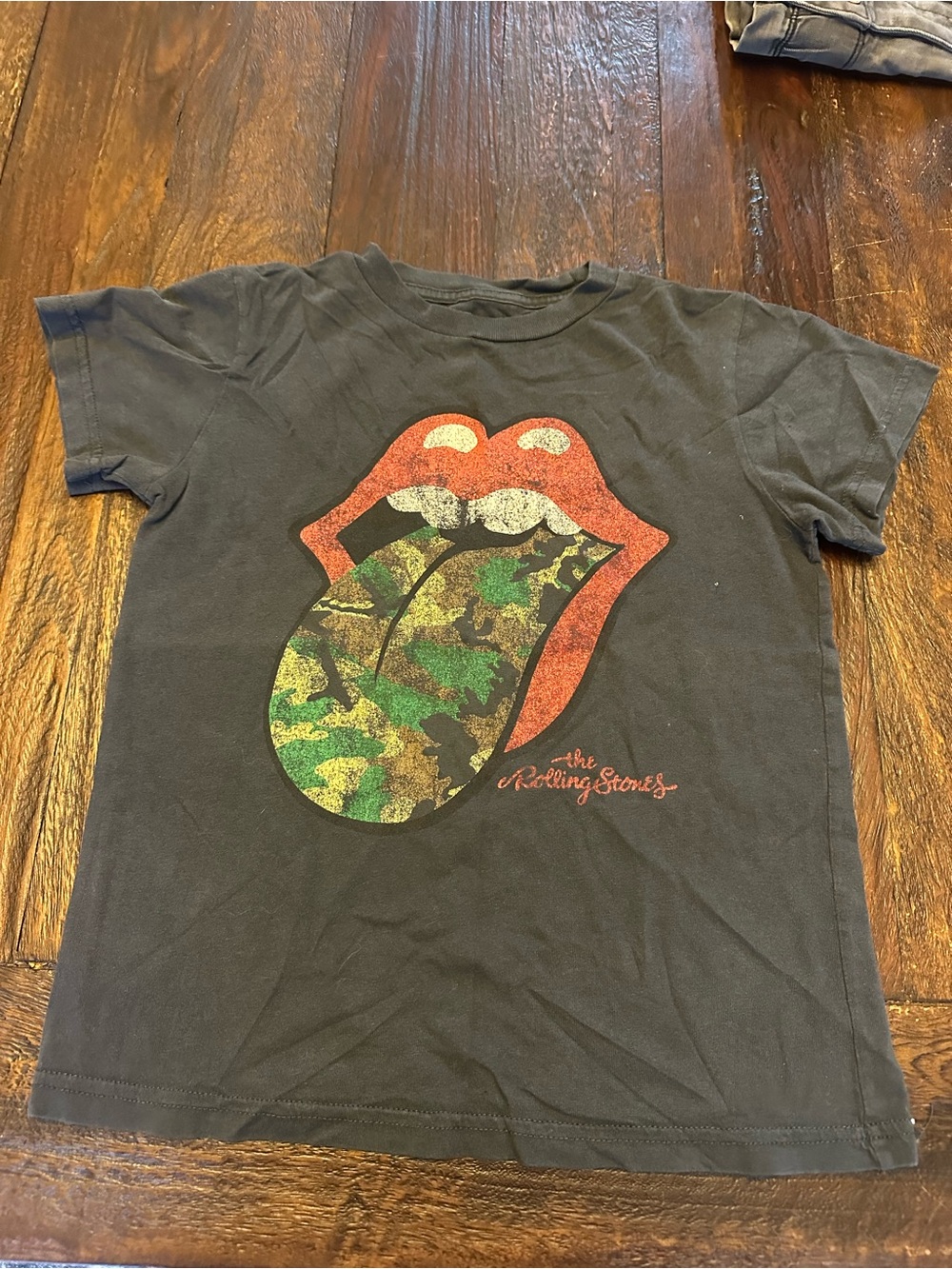 the Rolling Stones Black Kids Tee with Red Lips & Green Camo Tongue